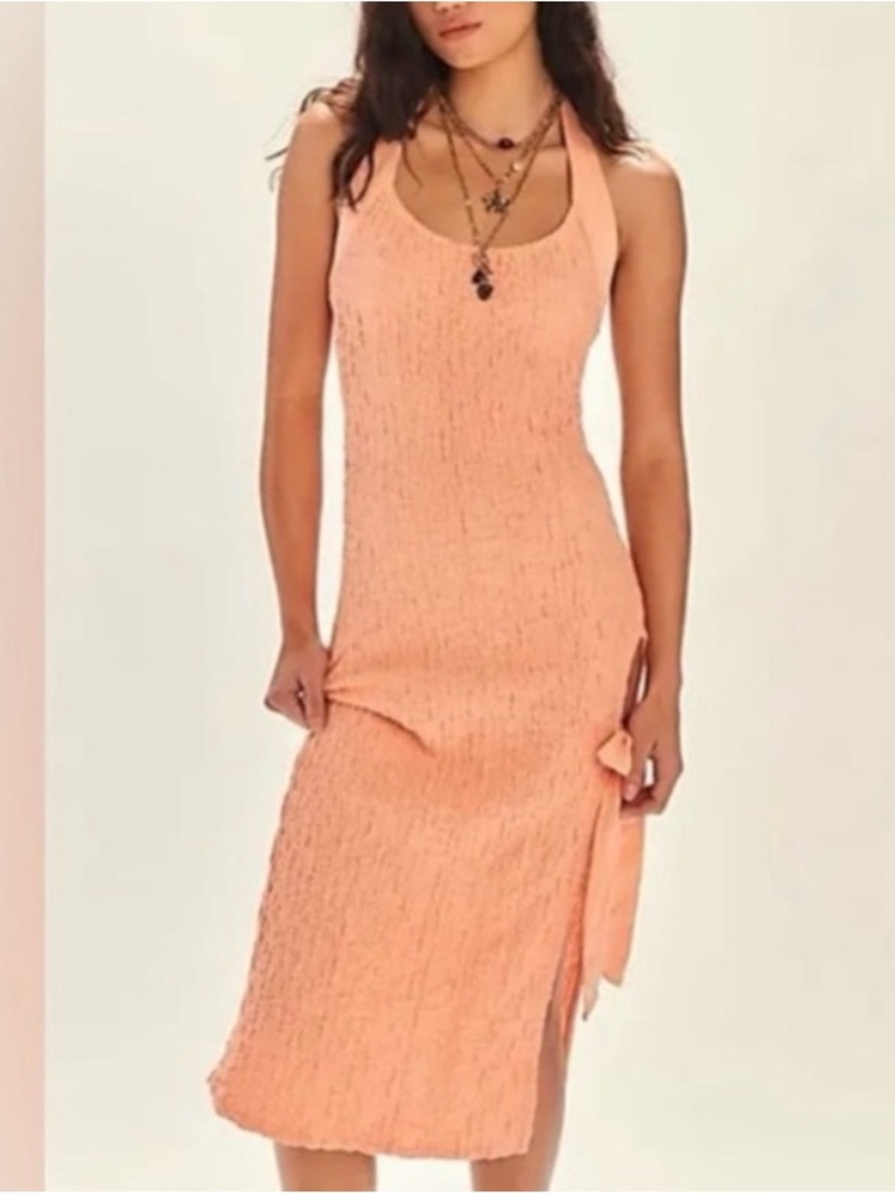 FREE PEOPLE SEAFOAM TEXTURED MIDI HALTER DRESS PEACH MEDIUM - Picture 2 of 5